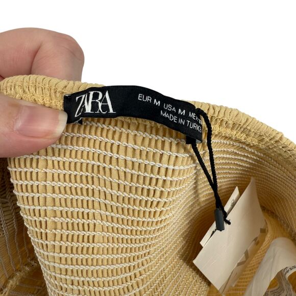 Zara Bustier Crop Top MEDIUM Beige Linen Blend Wire Corset Sweetheart Smocked - Picture 11 of 14